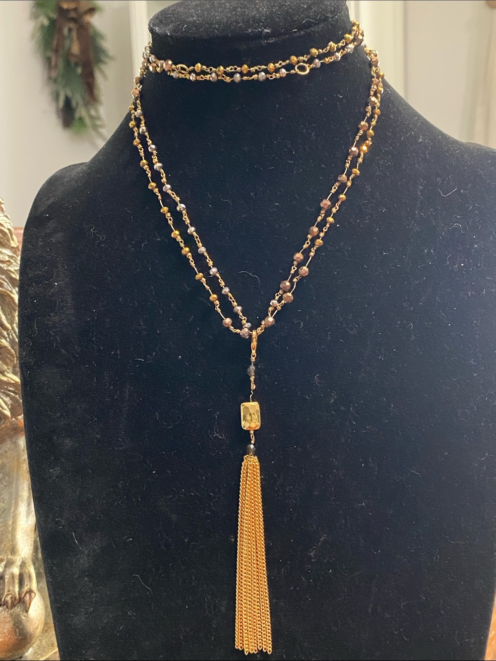 Gold Beaded Layered Necklace with Tassel Pendant